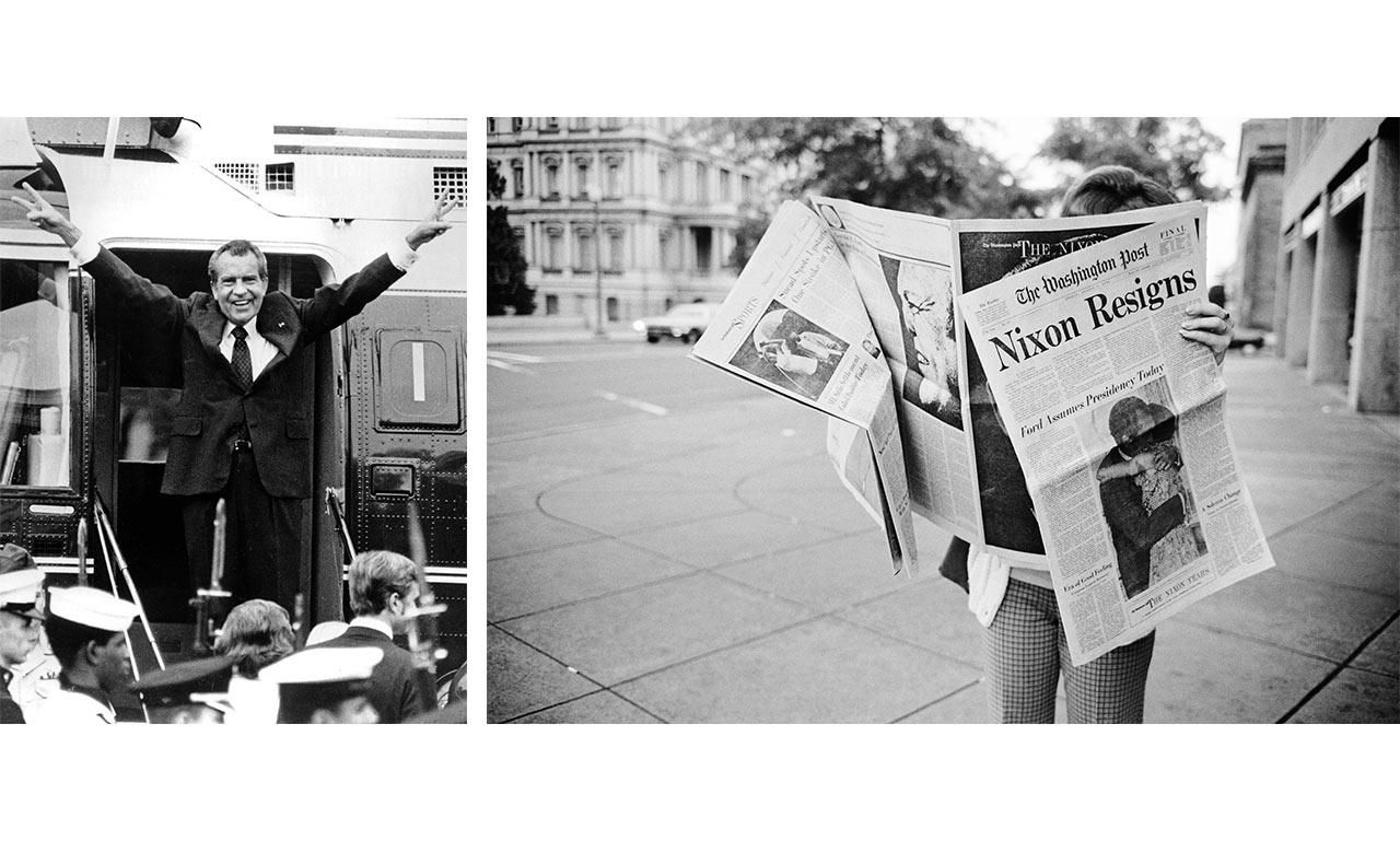 Republican Party morale plummeted in the wake of Richard Nixon’s resignation over the Watergate scandal. | (left) Photo by Bob Daugherty/AP, (right) Alex Webb/Magnum